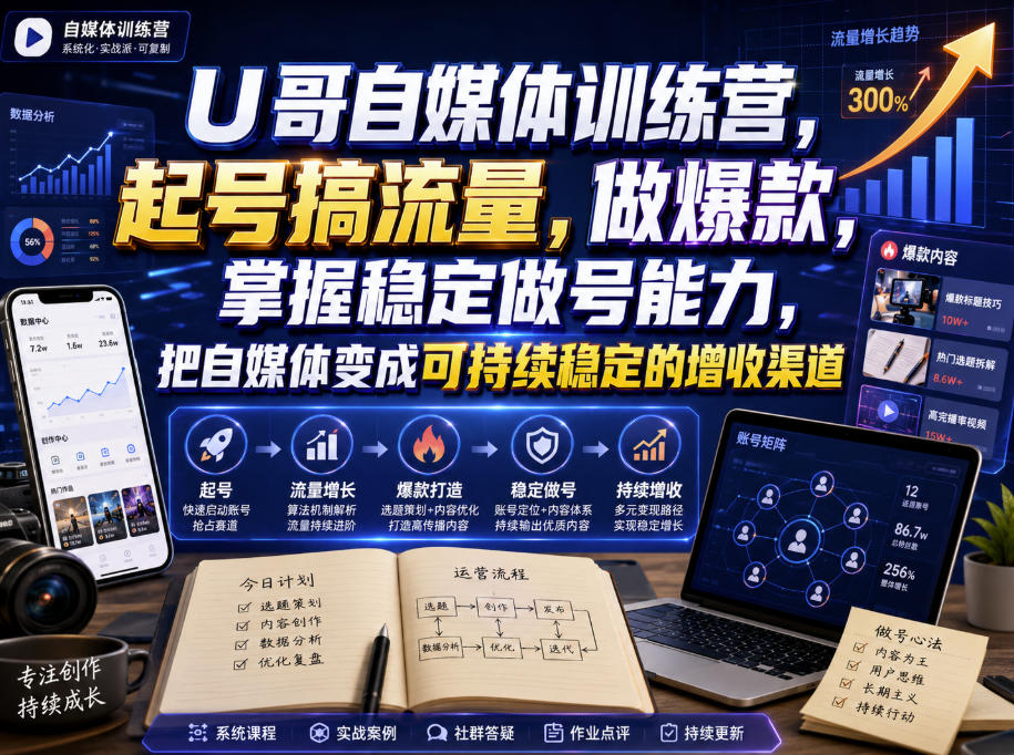 U哥自媒体训练营，起号搞流量，做爆款，掌握稳定做号能力，把自媒体变成可持续稳定的增收渠道-LanTi云网创