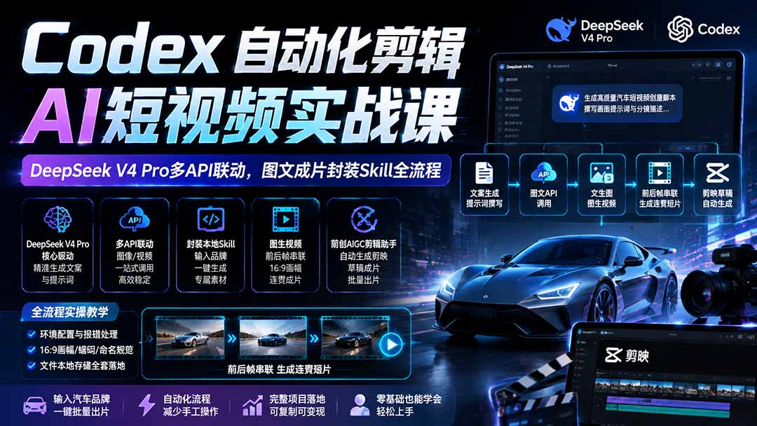 Codex自动化剪辑AI短视频实战课｜DeepSeek V4 Pro多API联动，图文成片封装Skill全流程-LanTi云网创