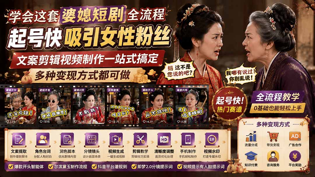 学会这套婆媳短剧全流程：起号快吸引女性粉丝，文案剪辑视频制作一站式搞定，多种变现方式都可做-LanTi云网创