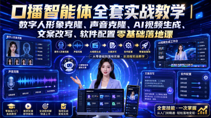 口播智能体全套实战教学｜数字人形象克隆、声音克隆、AI视频生成、文案改写、软件配置零基础落地课-LanTi云网创