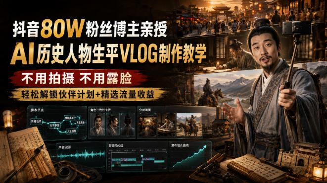 抖音80W粉丝博主的AI历史人物生平VLOG教学，不用拍摄不用露脸，AI帮你搞定，轻松解锁伙伴计划+精选收益-LanTi云网创