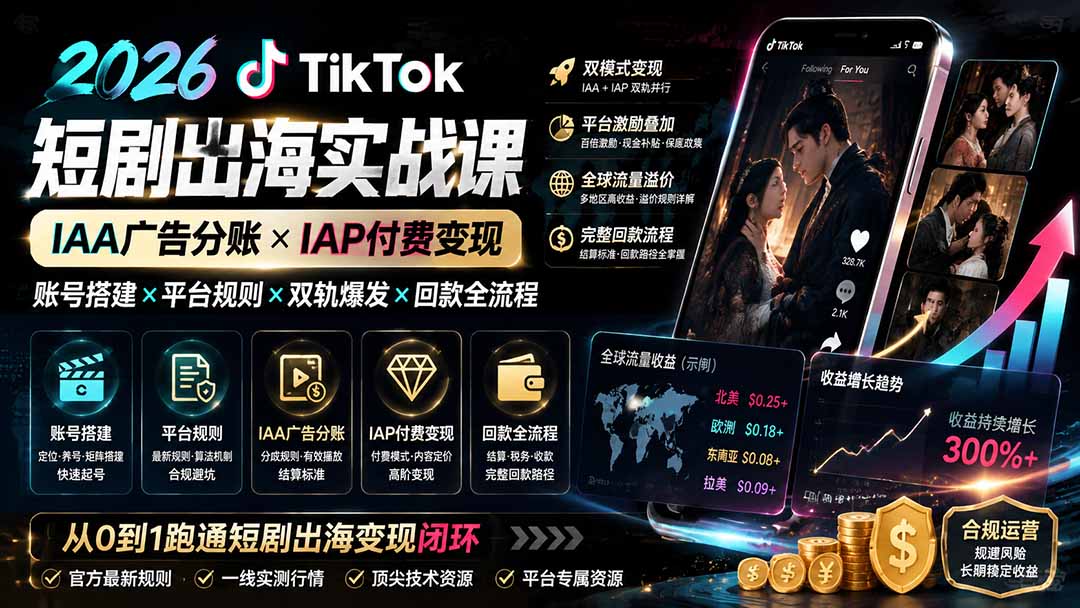 2026TikTok短剧出海实战课：IAA广告分账×IAP付费变现×账号搭建×平台规则×双轨爆发×回款全流程-LanTi云网创