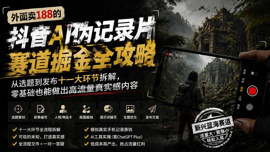 外面卖188的抖音AI伪记录片赛道掘金全攻略；从选题到发布十一大环节拆解，零基础也能做出高流量真实感内容-LanTi云网创