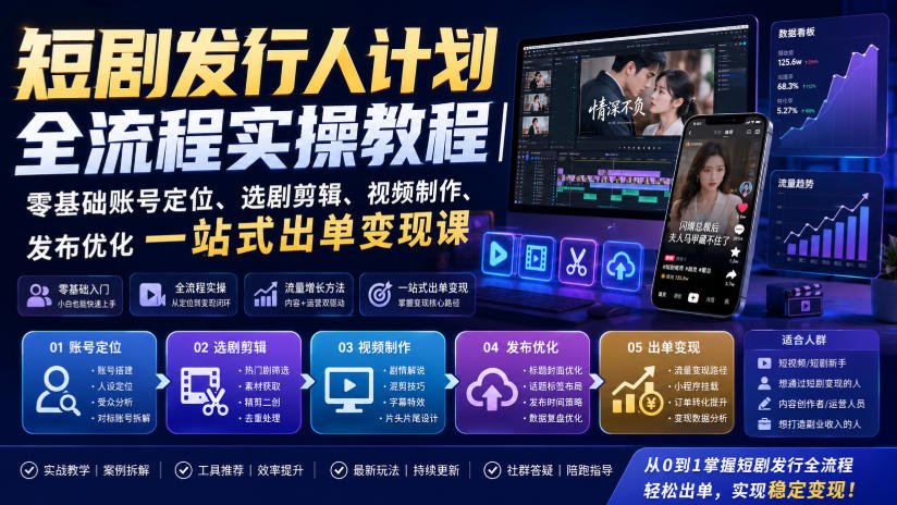 短剧发行人计划全流程实操教程｜零基础账号定位、选剧剪辑、视频制作、发布优化一站式出单变现课​-LanTi云网创