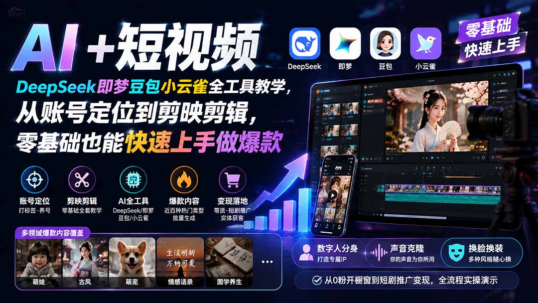 AI+短视频｜DeepSeek即梦豆包小云雀全工具教学，从账号定位到剪映剪辑，零基础也能快速上手做爆款-LanTi云网创