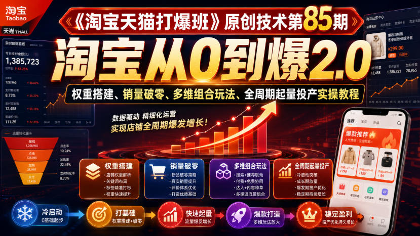 《淘宝天猫打爆班》原创技术第85期，淘宝从0到爆2.0，权重搭建、销量破零、多维组合玩法、全周期起量投产实操教程-LanTi云网创