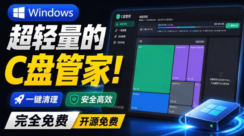 Windows超轻量的C盘管家！超级有特点，支持磁盘分析及清理提醒，2M大小体积，完全免费C盘管家-LanTi云网创