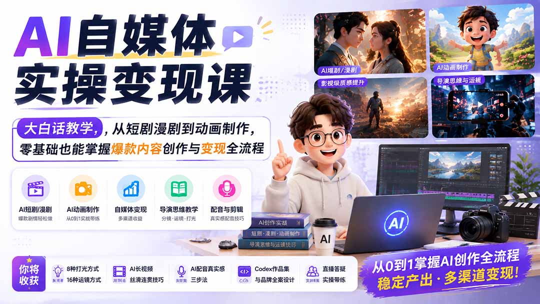 AI自媒体实操变现课｜大白话教学，从短剧漫剧到动画制作，零基础也能掌握爆款内容创作与变现全流程-LanTi云网创