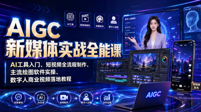 AIGC新媒体实战全能课｜AI工具入门、短视频全流程制作、主流绘图软件实操、数字人商业视频落地教程-LanTi云网创