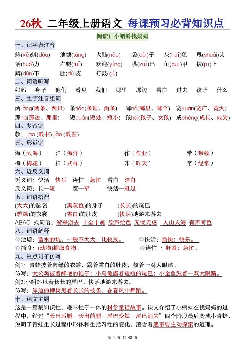 26秋二上语文每课预习必背知识点-LanTi云网创