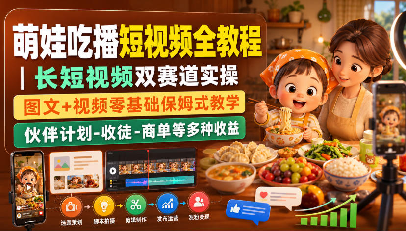 萌娃吃播短视频全教程｜长短视频双赛道实操，图文+视频零基础保姆式教学，伙伴计划-收徒-商单等多种变现方式-LanTi云网创