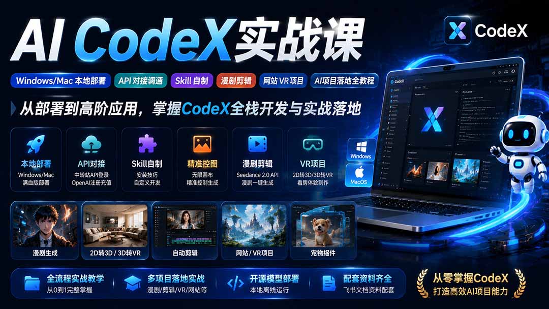 AI  CodeX实战课｜Windows/Mac 本地部署｜API 对接调通｜Skill 自制｜漫剧剪辑｜网站 VR 项目｜AI项目落地全教程-LanTi云网创
