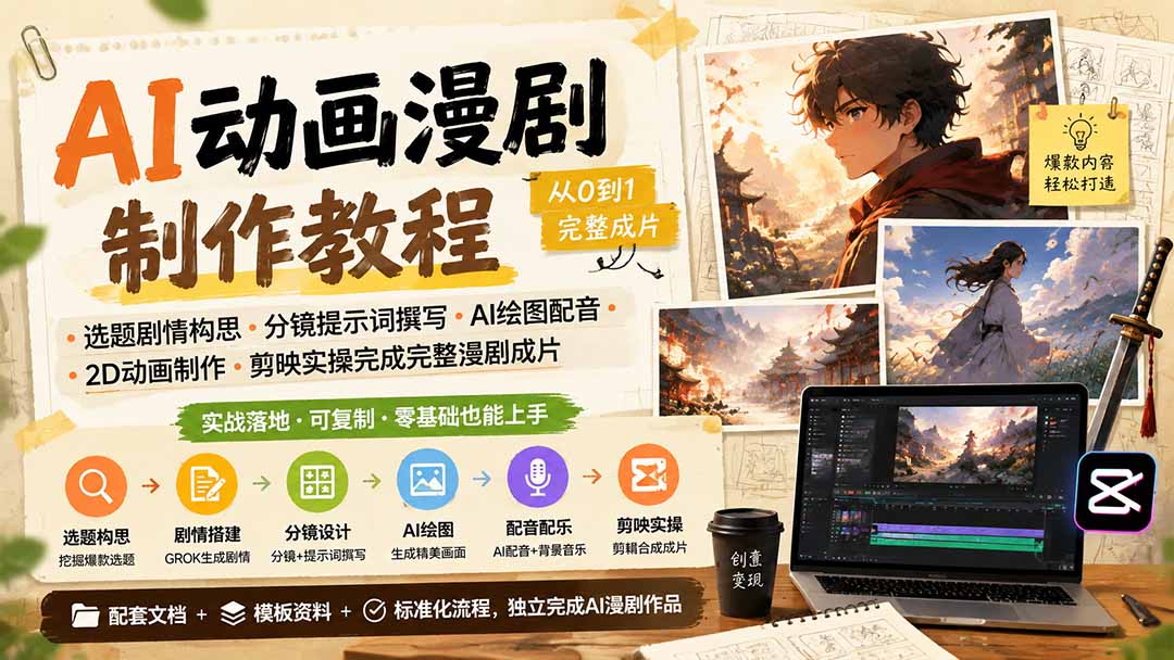 AI动画漫剧制作教程｜选题剧情构思·分镜提示词撰写·AI绘图配音·2D动画制作·剪映实操完成完整漫剧成片-LanTi云网创
