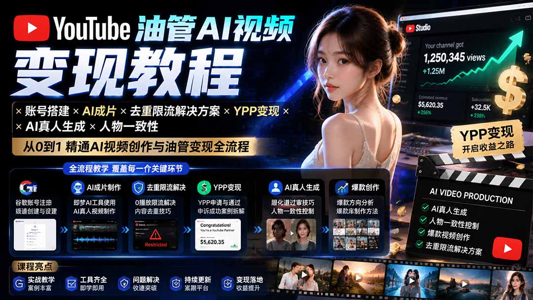 YouTube油管AI视频变现教程-更新：账号搭建×AI成片×去重限流解决方案×YPP变现×AI真人生成×人物一致性-LanTi云网创