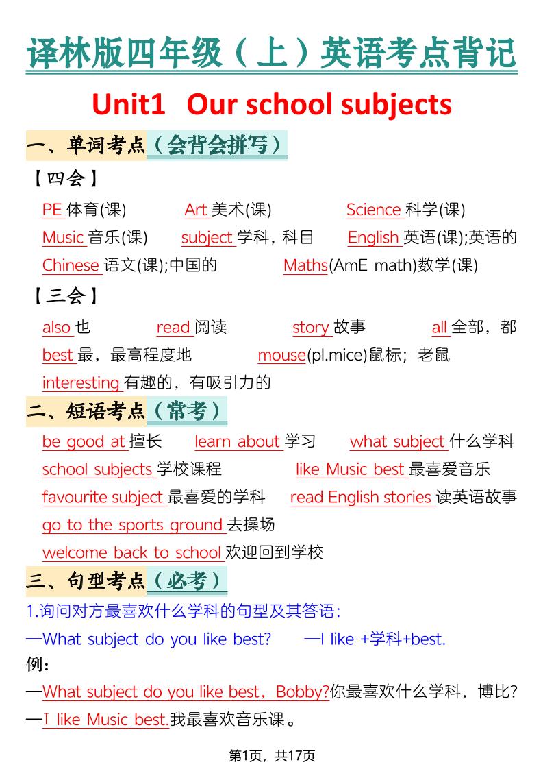 新四年级上册英语译林版考点背记-LanTi云网创