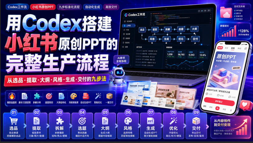 用Codex搭建小红书原创PPT的完整生产流程，从选品·提取·大纲·风格·生成·交付的九步法-LanTi云网创