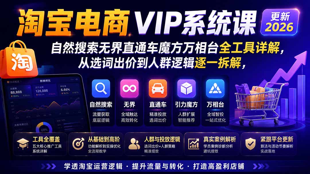 淘宝电商VIP系统课-更新8月；自然搜索无界直通车魔方万相台全工具详解，从选词出价到人群逻辑逐一拆解-LanTi云网创