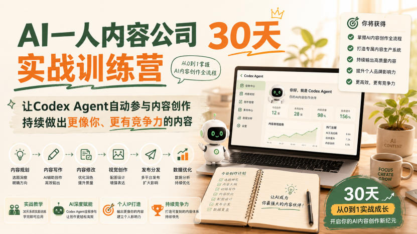AI一人内容公司30天实战训练营，让Codex Agent自动参与内容创作持续做出更像你、更有竞争力的内容-LanTi云网创