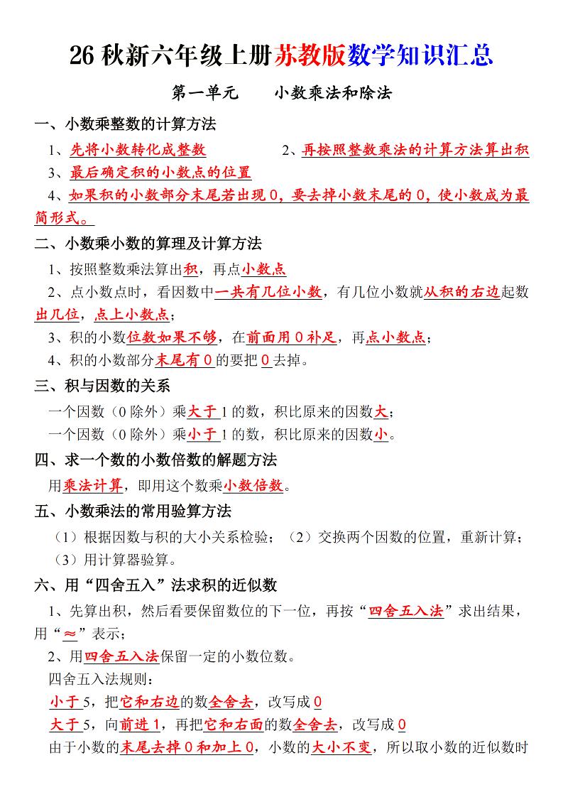 26秋新六上苏教版数学知识汇总_-LanTi云网创