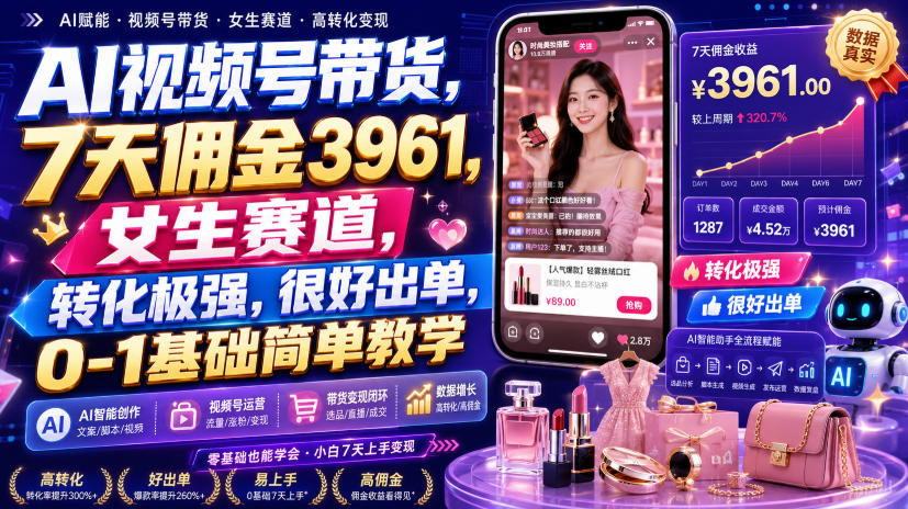 AI视频号带货，7天佣金3961，女生赛道，转化极强，很好出单，0-1基础简单教学-LanTi云网创