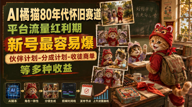 AI橘猫80年代怀旧赛道，平台流量红利期，新号最容易爆，伙伴计划-分成计划-收徒商单等多种收益-LanTi云网创