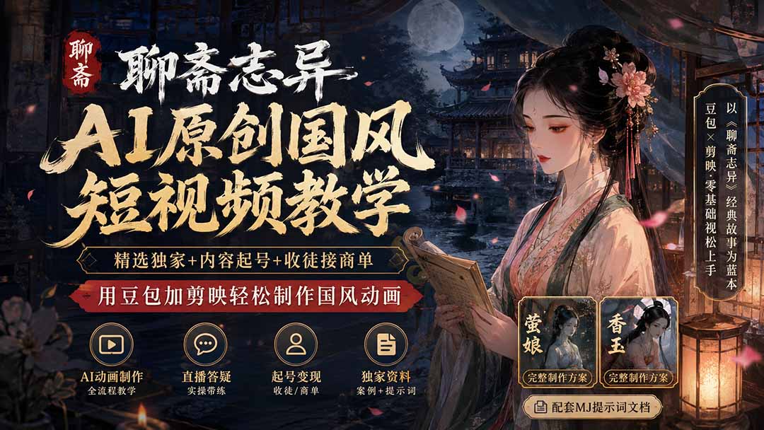 聊斋志异AI原创国风短视频教学；精选独家+内容起号+收徒接商单，用豆包加剪映轻松制作国风动画-LanTi云网创