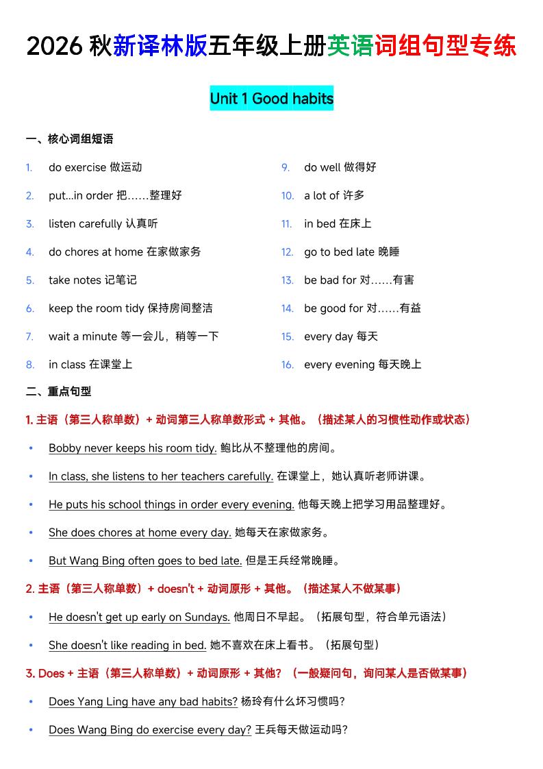 新译林版五年级上册英语U1-U8词组句型专项训练-LanTi云网创