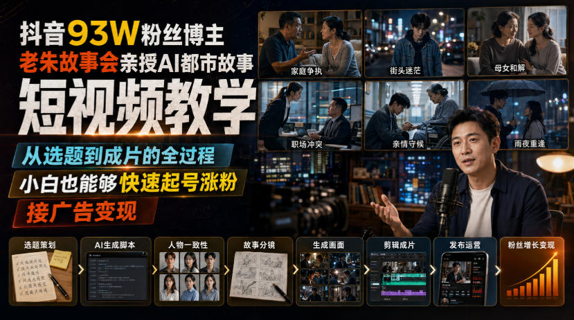 抖音93W粉丝博主老朱故事会亲授AI都市故事短视频教学，从选题到成片的全过程，小白也能够快速起号涨粉接广告变现-LanTi云网创