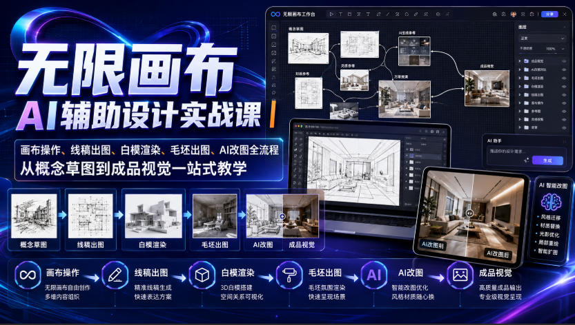 无限画布AI辅助设计实战课｜画布操作、线稿出图、白模渲染、毛坯出图、AI改图全流程，从概念草图到成品视觉一站式教学-LanTi云网创