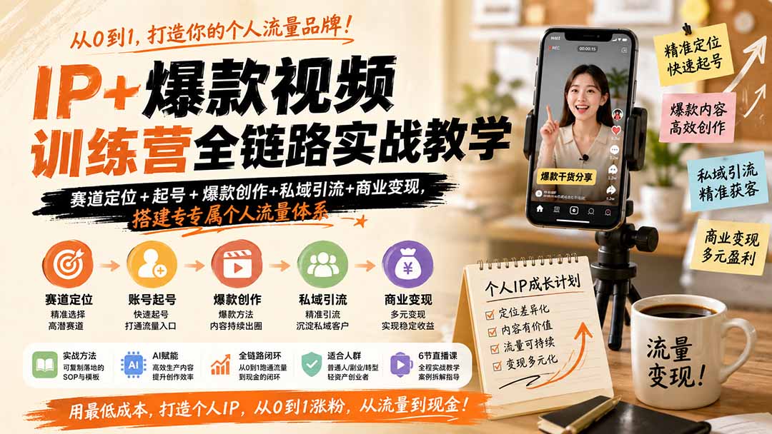 IP+爆款视频训练营全链路实战教学；赛道定位+起号+爆款创作+私域引流+商业变现，搭建专属个人流量体系-LanTi云网创