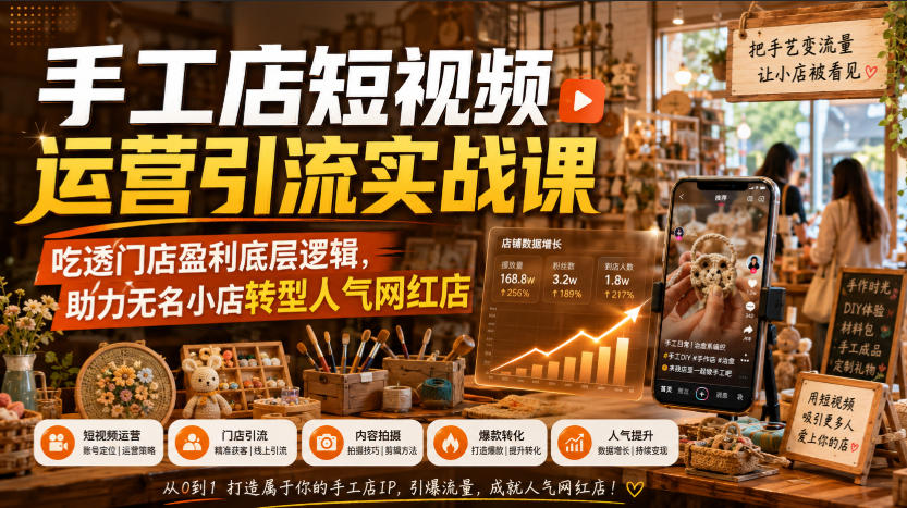 手工店短视频运营引流实战课，吃透门店盈利底层逻辑，助力无名小店转型人气网红店-LanTi云网创