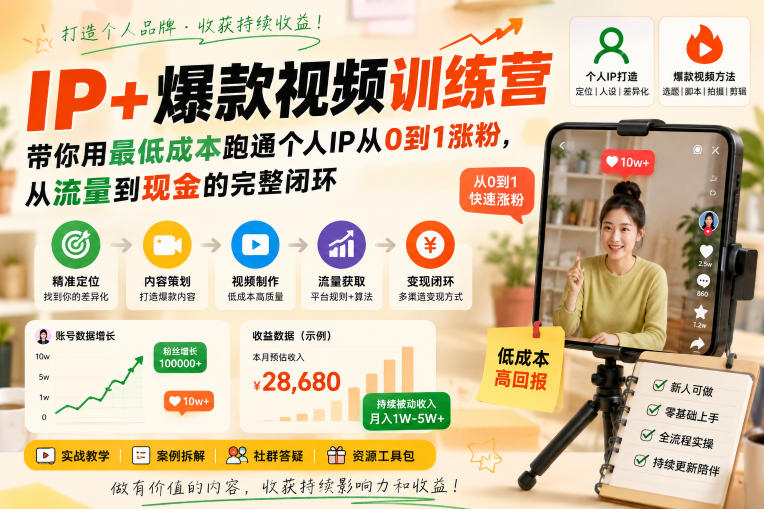 IP+爆款视频训练营，带你用最低成本跑通个人IP从0到1涨粉，从流量到现金的完整闭环-LanTi云网创