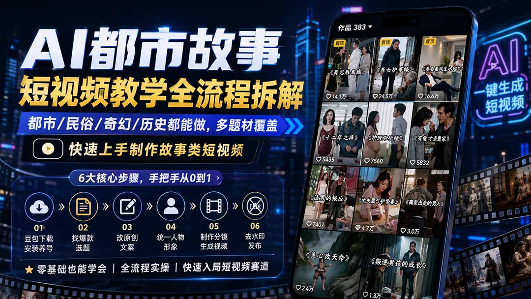 AI都市故事短视频教学全流程拆解；都市/民俗/奇幻/历史都能做多题材覆盖，快速上手制作故事类短视频-LanTi云网创