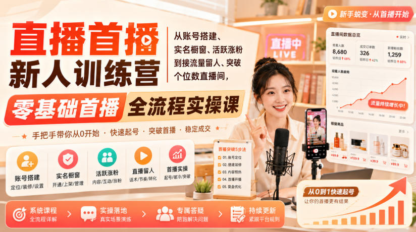 直播首播新人训练营｜从账号搭建、实名橱窗、活跃涨粉到接流量留人、突破个位数直播间，零基础首播全流程实操课-LanTi云网创