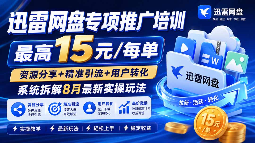迅雷网盘专项推广培训-更新8月——最高15元/每单，资源分享+精准引流+用户转化，系统拆解最新实操玩法-LanTi云网创