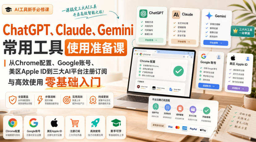 ChatGPT、Claude、Gemini常用工具使用准备课｜从Chrome配置、Google账号、美区Apple ID到三大AI平台注册订阅与高效使用零基础入门-LanTi云网创