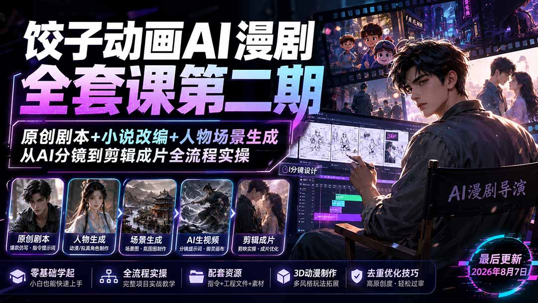 饺子动画AI漫剧全套课第二期：原创剧本+小说改编+人物场景生成，从AI分镜到剪辑成片全流程实操-LanTi云网创