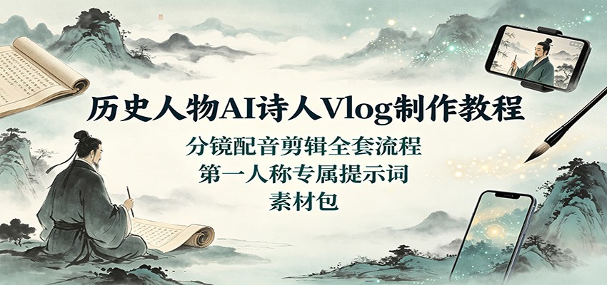 历史人物AI诗人Vlog制作教程：分镜配音剪辑全套流程，第一人称专属提示词素材包-LanTi云网创