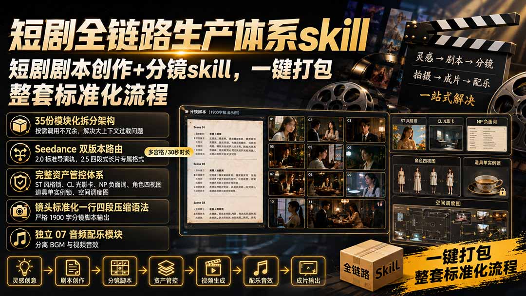 短剧全链路生产体系skill，短剧剧本创作+分镜skill，一键打包，整套标准化流程-LanTi云网创