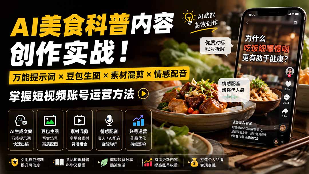 外面卖199元-AI美食科普内容创作实战！万能提示词×豆包生图×素材混剪×情感配音，掌握短视频账号运营方法-LanTi云网创