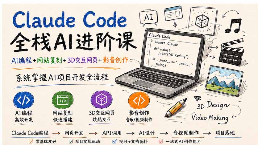 Claude Code全栈AI进阶课；AI编程+网站复刻+3D交互网页+影音创作，系统掌握AI项目开发全流程-LanTi云网创