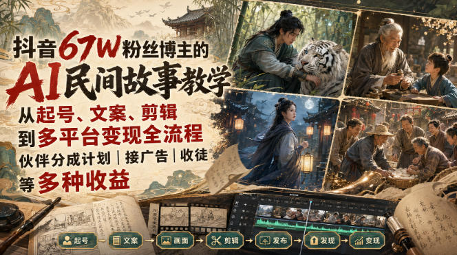 抖音67W粉丝博主的AI民间故事教学，从起号、文案、剪辑到多平台变现全流程，伙伴分成计划接广告等多种收益，月入1W+-LanTi云网创