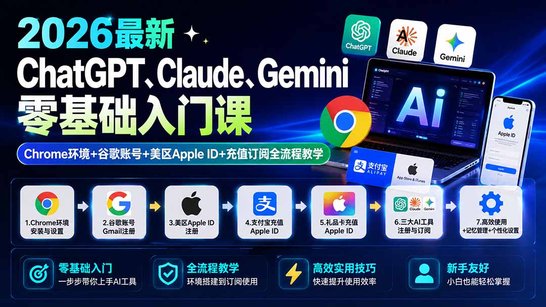 2026最新ChatGPT、Claude、Gemini零基础入门课：Chrome环境+谷歌账号+美区Apple ID+充值订阅全流程教学-LanTi云网创