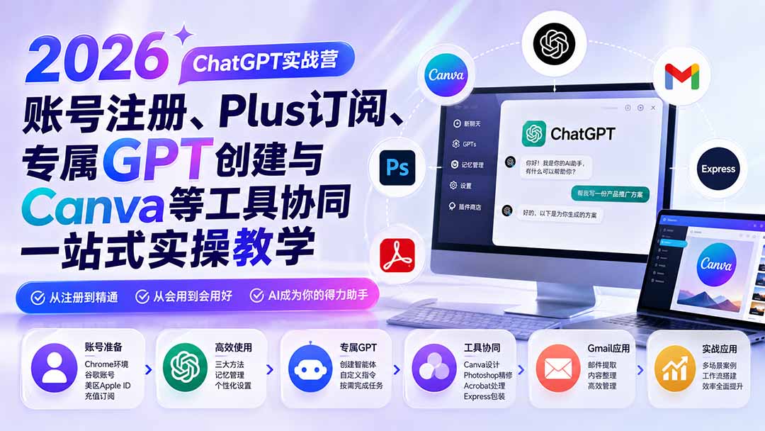 2026 ChatGPT实战营；账号注册、Plus订阅、专属GPT创建与Canva等工具协同一站式实操教学-LanTi云网创