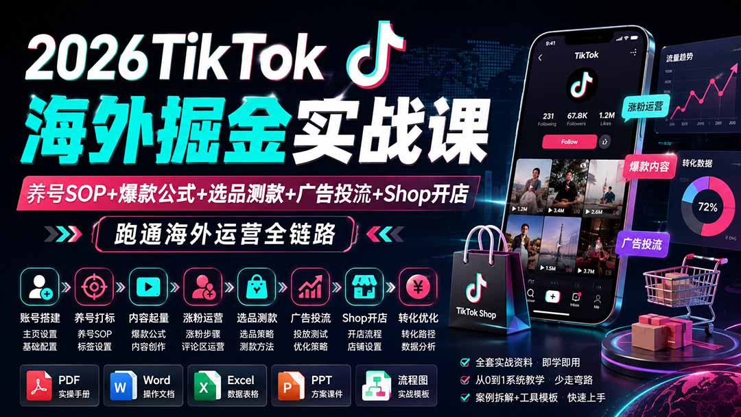 2026TikTok海外掘金实战课——养号SOP+爆款公式+选品测款+广告投流+Shop开店，跑通海外运营全链路-LanTi云网创