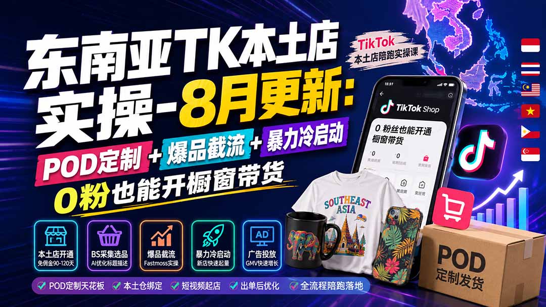 东南亚TK本土店实操-8月更新：POD定制+爆品截流+暴力冷启动，0粉也能开橱窗带货-LanTi云网创