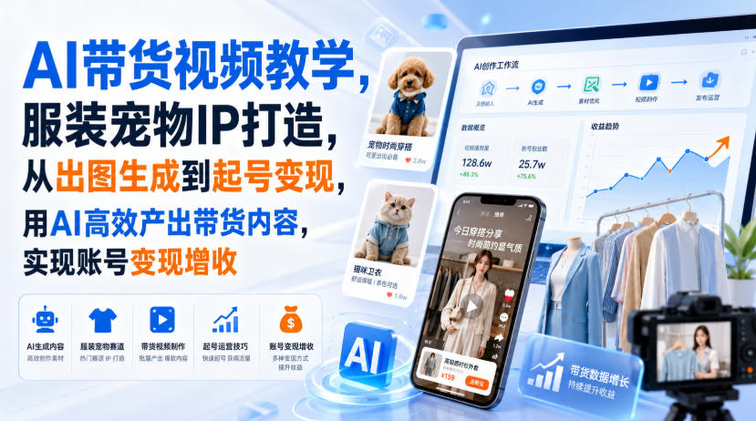 AI带货视频教学，服装宠物IP打造，从出图生成到起号变现，用AI高效产出带货内容，实现账号变现增收-LanTi云网创