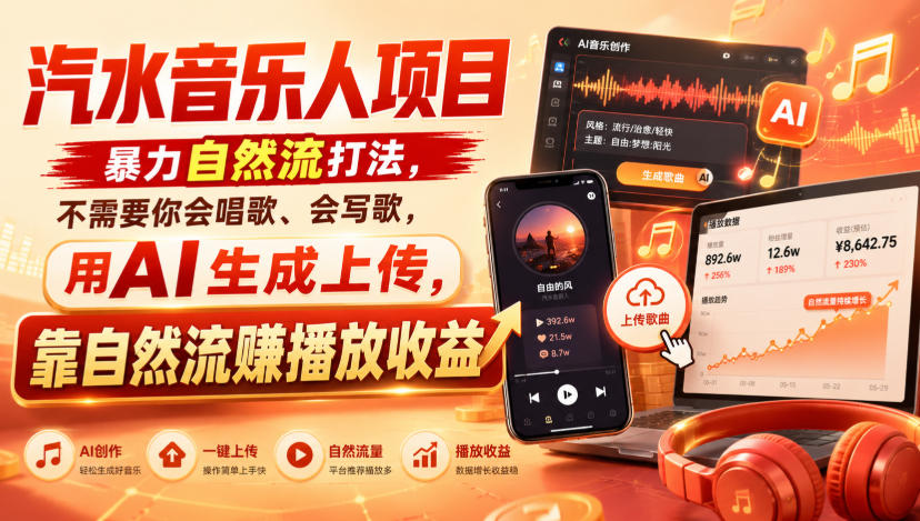 汽水音乐人项目，暴力自然流打法，不需要你会唱歌、会写歌，用AI生成上传，靠自然流賺播放收益-LanTi云网创