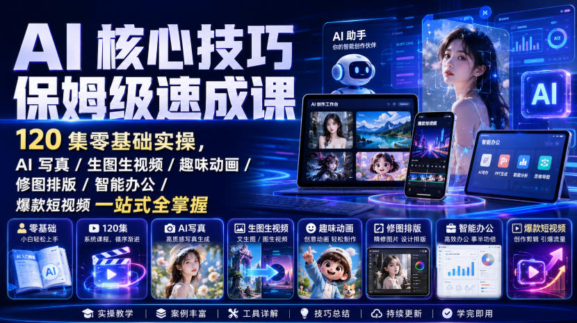 AI核心技巧保姆级速成课｜120集零基础实操，AI写真/生图生视频/趣味动画/修图排版/智能办公/爆款短视频一站式全掌握(更新)-LanTi云网创