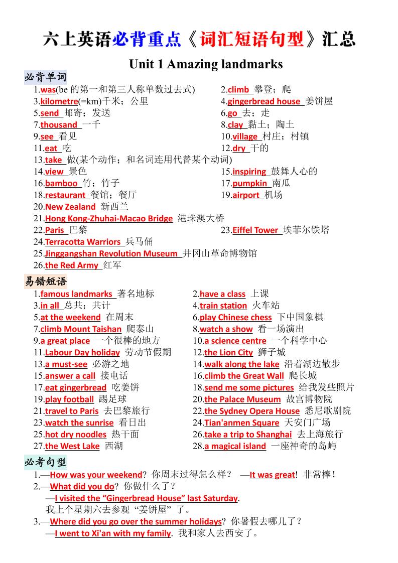 六上英语人教版核心词汇背默清单-LanTi云网创